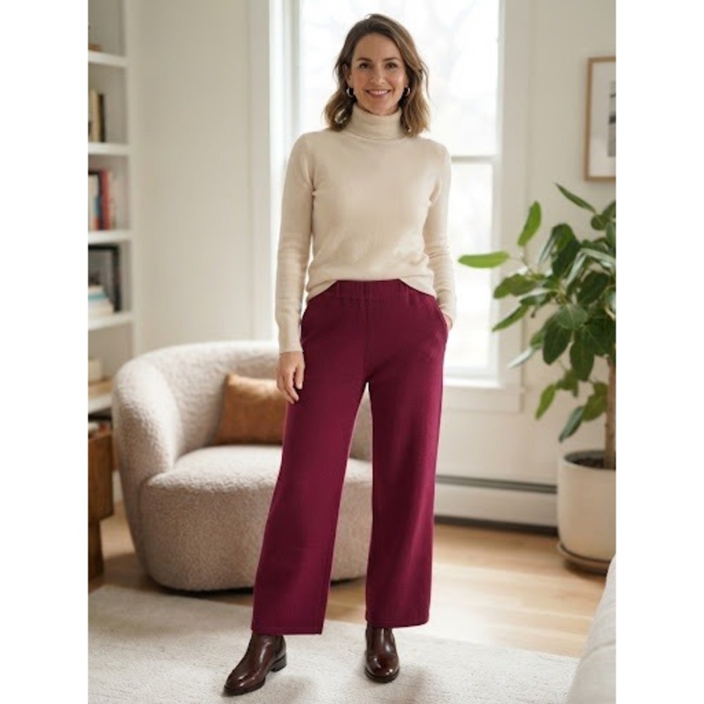 Storybook Knits Burgundy Wide Leg Knit Pants Womens Medium Elastic Waist Relax